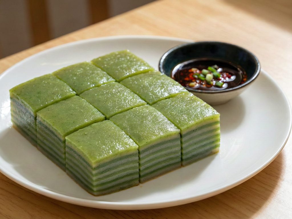 九层皮——韭菜汁染色的全绿色分层米糕，配酱油蘸碟