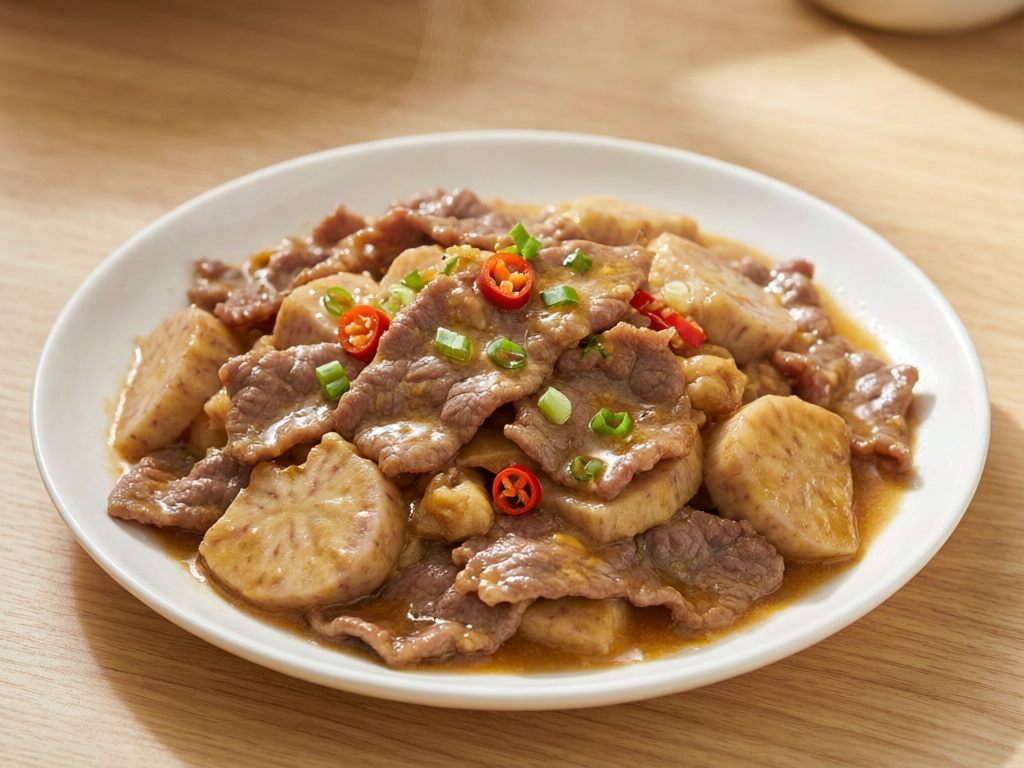 芋芽炒牛肉——芋头粉糯汤汁炒嫩牛肉的下饭菜
